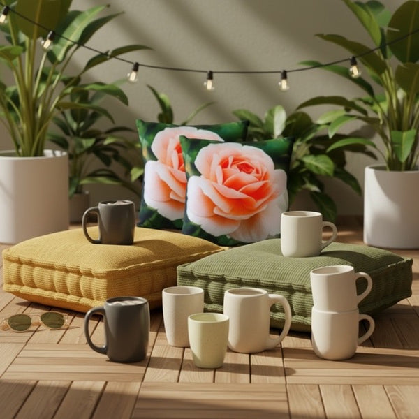 2 ROSA DAY BREAKER CUSHION COVERS AND 2 CERAMIC MUGS