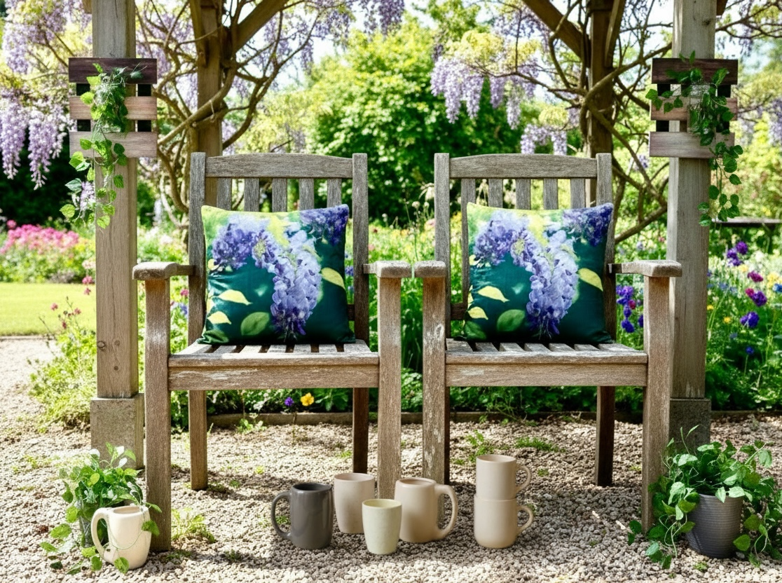 2 WISTERIA CUSHION COVERS AND 2 CERAMIC MUGS